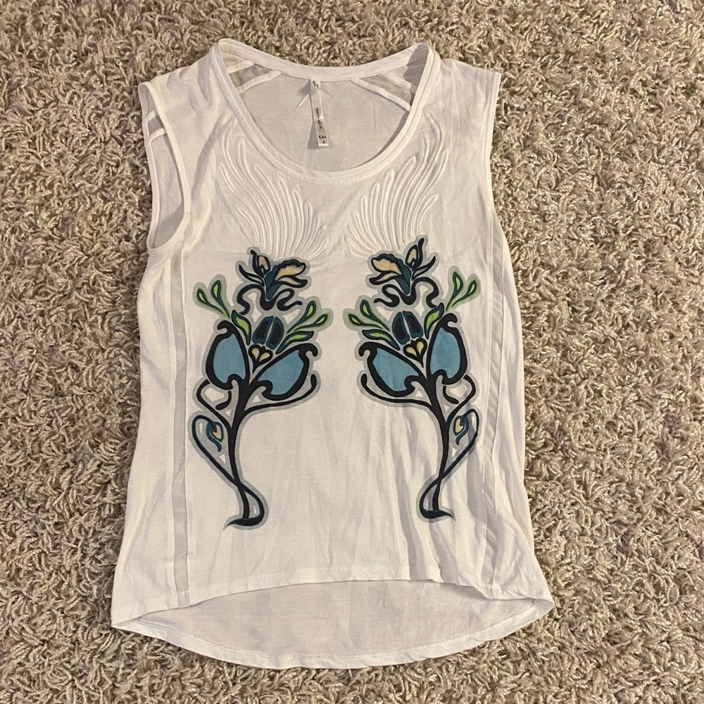 Karen Millen White Tank Top with Blue Floral Design size 4